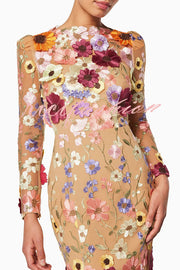 Dignified and Refined Charm Embroidered Floral Applique Long Sleeve Fish Tail Midi Dress