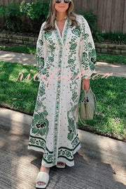 Forest Soul Unique Print Button Down Long Sleeve Shirt Maxi Dress