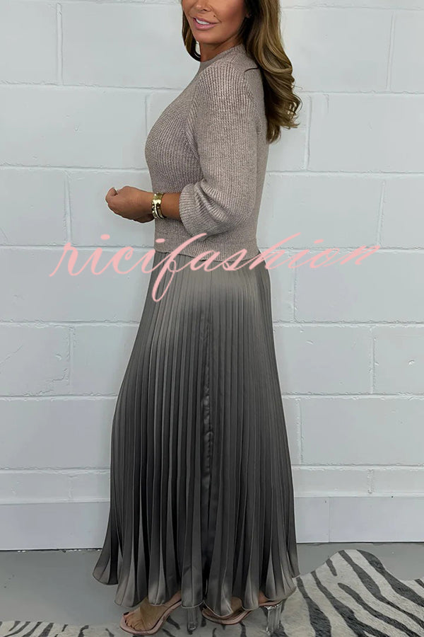 Stylish Knitted Round Neck Long Sleeve Patchwork Pleated Hem Maxi Dress