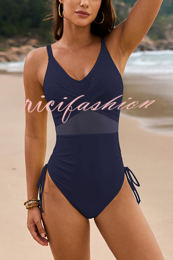 Solid Color Drawstring Waist Mesh One-Piece Swimsuit