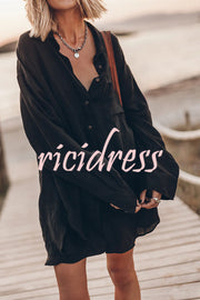 Go To The Beach Linen Blend Pocketed Long Sleeve Oversized Shirt