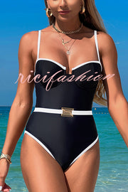 Fashionable Contrast-color Overlock Stretch One-piece Swimsuit