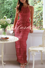 Feel Chic and Romantic Sequin Textured Material Drawstring Waist Tiered Maxi Skirt