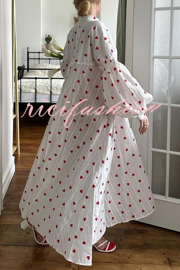 Cute Heart Print Puff Sleeve Loose Shirt Style Maxi Dress