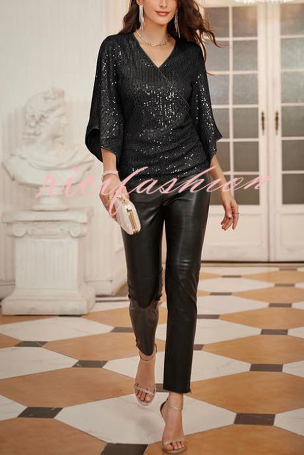 Solid Color Sequined V-neck Hollow Sleeve Slim Fit Top