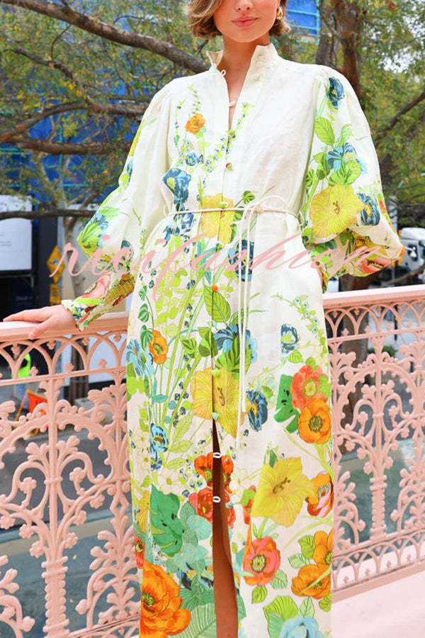 Summer Party Floral Print Balloon Sleeve Pocketed Belt Shirt Midi Dress