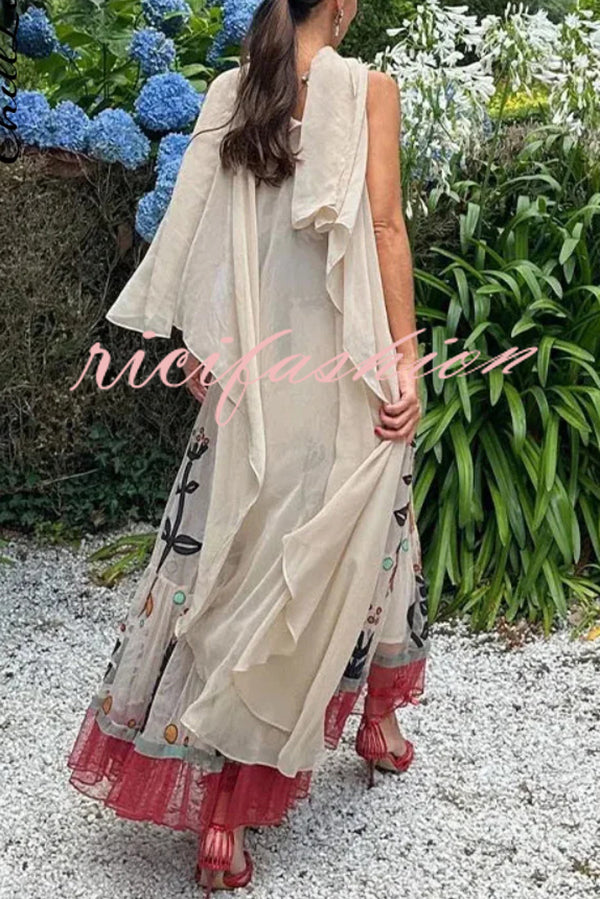 Botanical Print Chiffon Sling Backless Resort Maxi Dress