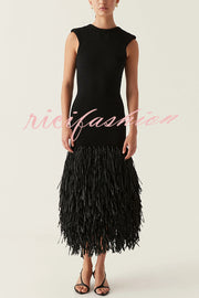 Christie Ribbed Patchwork Tiered Fringed Hem Zipper Backless Maxi Dress