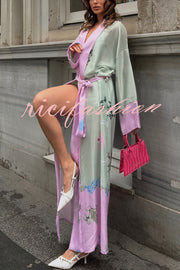 Karty Satin Unique Print Long Sleeve Belt Lapel Kimono Cover-ups