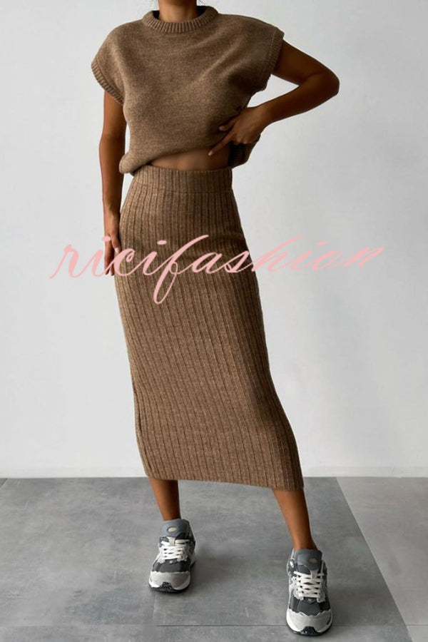 Triko Knit Short Sleeve Sweater and Stretch Ribbed Midi Skirt Set