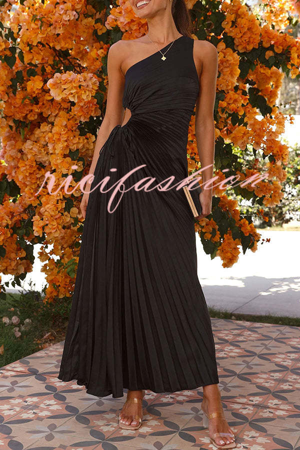 Charming One Shoulder Lace Up Cutout Pleated Maxi Dress