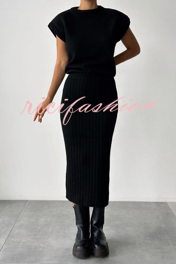 Triko Knit Short Sleeve Sweater and Stretch Ribbed Midi Skirt Set