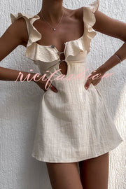 Happy Energy Linen Blend Ruffle Cut Out Resort Mini Dress