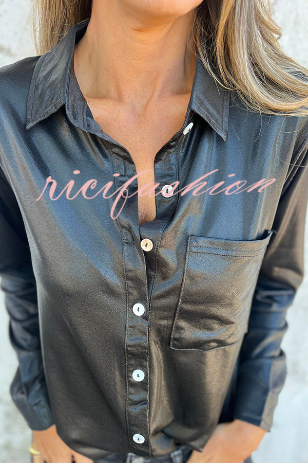 Holiday Look Solid Metallic Loose Pocket Button-down Blouse