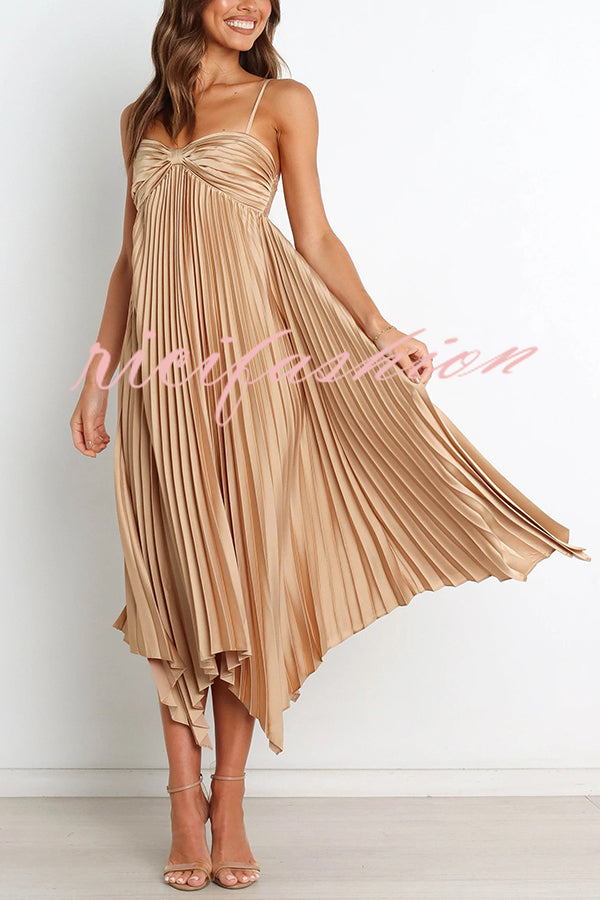 Solid Color Sexy Suspender Pleated Irregular Midi Dress