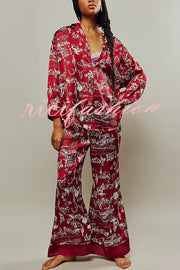 Unique Printed Lounge Long-sleeved Shirt and Elastic Waisted Baggy Pants Set