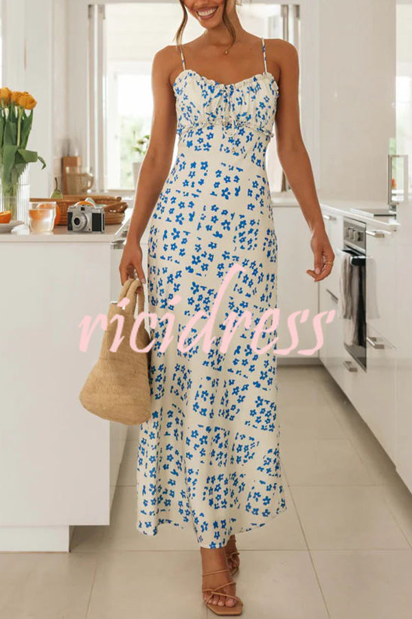 Starry Floral Print Lace Up Pleated Patchwork Zip Back Maxi Dress