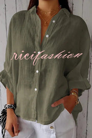 Linen Blend Solid Color Tie Back Loose Shirt Top