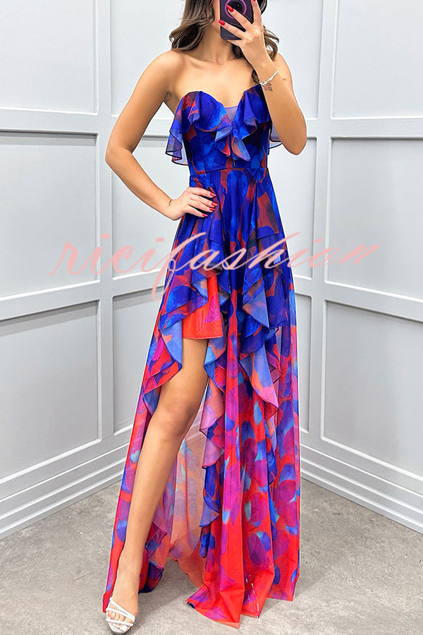 Loving Moment Gradient Unique Print Flowing Layered Ruffles Strapless Slit Maxi Dress