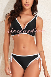 Contrast Color Lace-up Stretch Two-piece Bikini Swimsuit