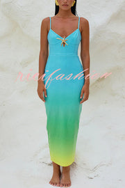 Sirene Sequin Unique Gradient Print Starfish Brooch Cutrout Slit Stretch Maxi Dress