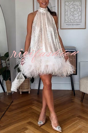 Dancefloor Elf Sequin Feather Trim High Neck A-line Mini Dress