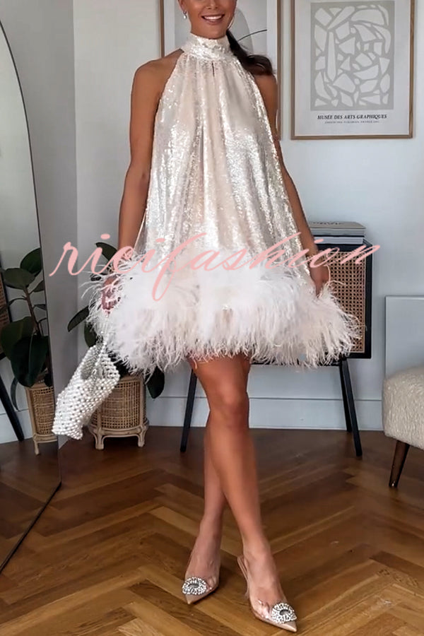 Dancefloor Elf Sequin Feather Trim High Neck A-line Mini Dress