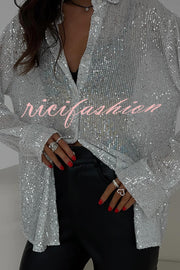 Fashion Sequin Lapel Long Sleeve Loose Shirt