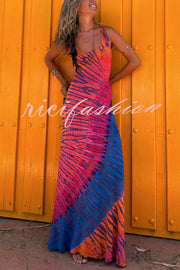 La Bamba Tie-dye Print Back Lace-up Stretch Maxi Dress