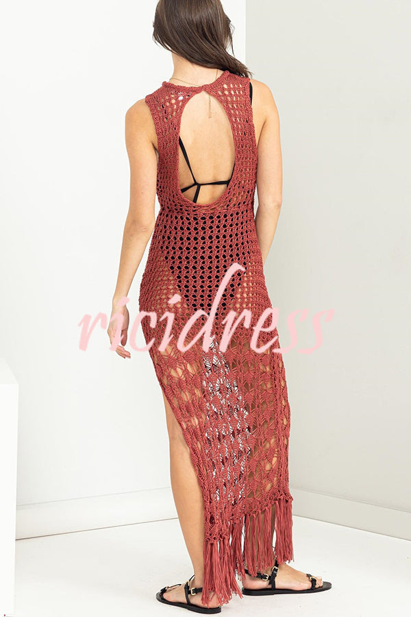 Sunset Cocktail Knit Crochet Tassel Trim Cover-up Maxi Dress