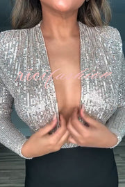 Alora Sequin Wrap Front Plunge Neck Long Sleeve Bodysuit