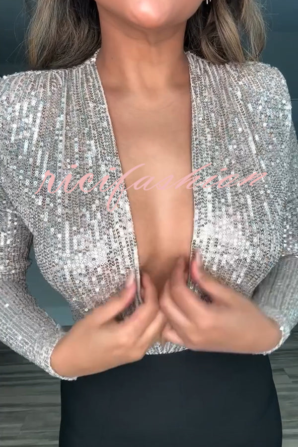 Alora Sequin Wrap Front Plunge Neck Long Sleeve Bodysuit