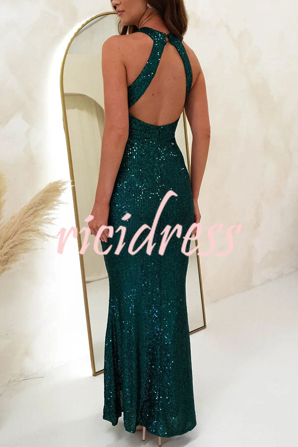 Time To Sparkle Sequin Cross Halter Neck Backless Maxi Dress