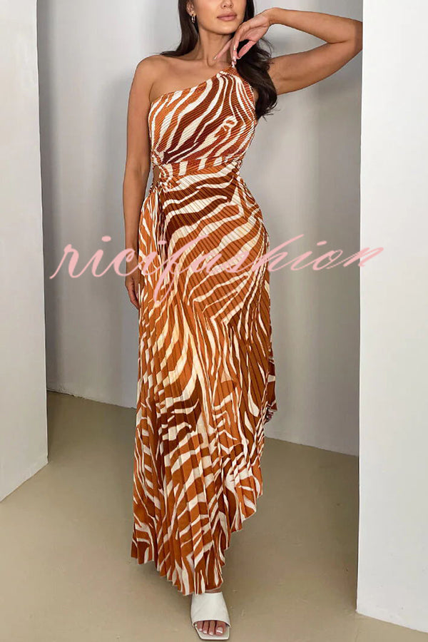 Elora Pleated Zebra Print One Shoulder Drawstring Cutout Maxi Dress