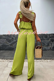 Solid Color Embroidered Flower Suspenders Casual Loose Jumpsuit