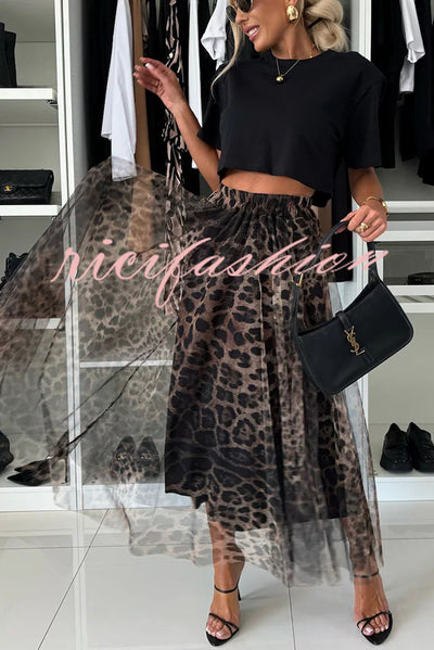 Autumn Jungle Tulle Leopard Print Elastic Waist A-line Maxi Skirt