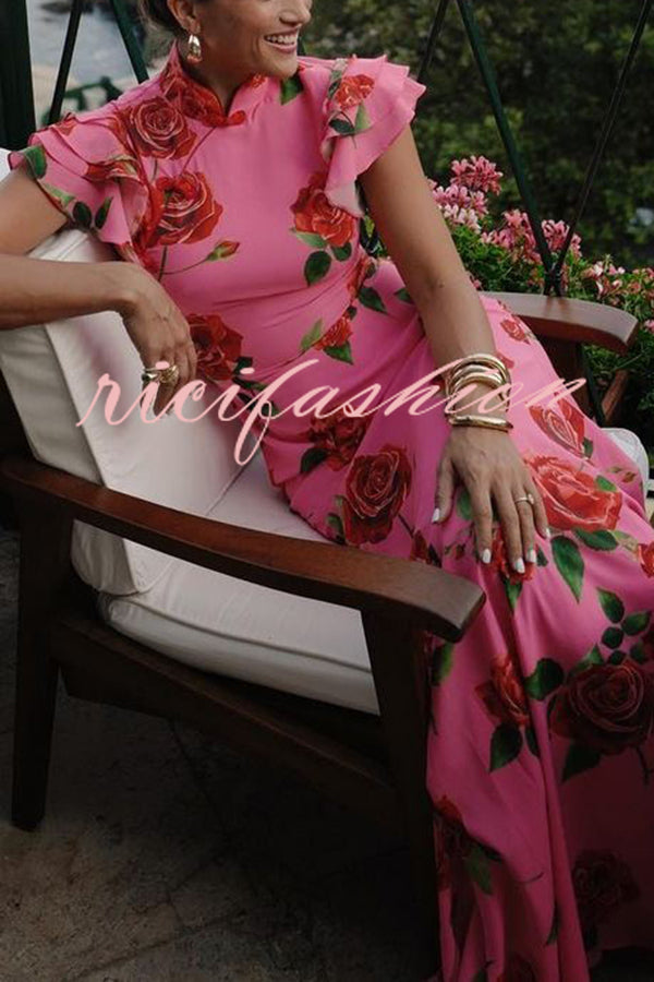 Cheongsam Style Rose Floral Print Tiered Flare Sleeve Stretch Maxi Dress