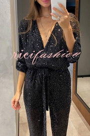 Cheers To You Sequin Long Sleeve Belted Wrap Loose Jumpsuit