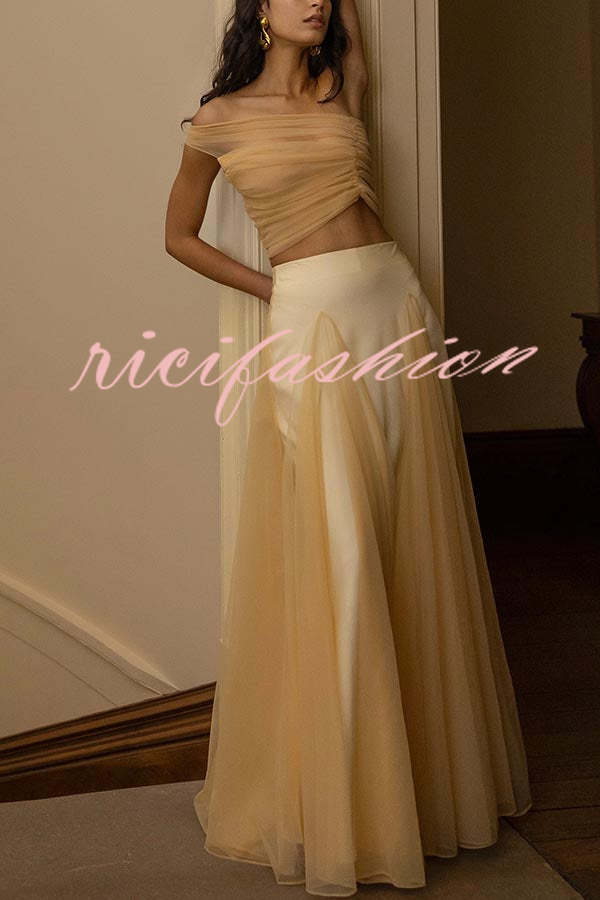 Romance Factor Satin Patchwork Tulle High Rise Elastic Waist A-line Maxi Skirt