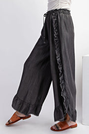 Solid Color Ruffled Elastic Waist Tie Loose Denim Flared Pants