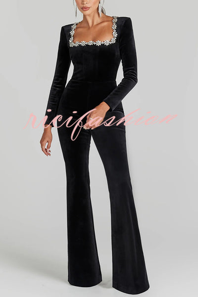 Classic Charm Velvet Jewel Embellished Trim Long Sleeve Flare Jumpsuit