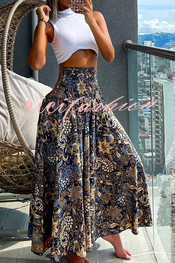 Unique Printed Pleated Elastic Waist Holiday Casual Maxi Skirt