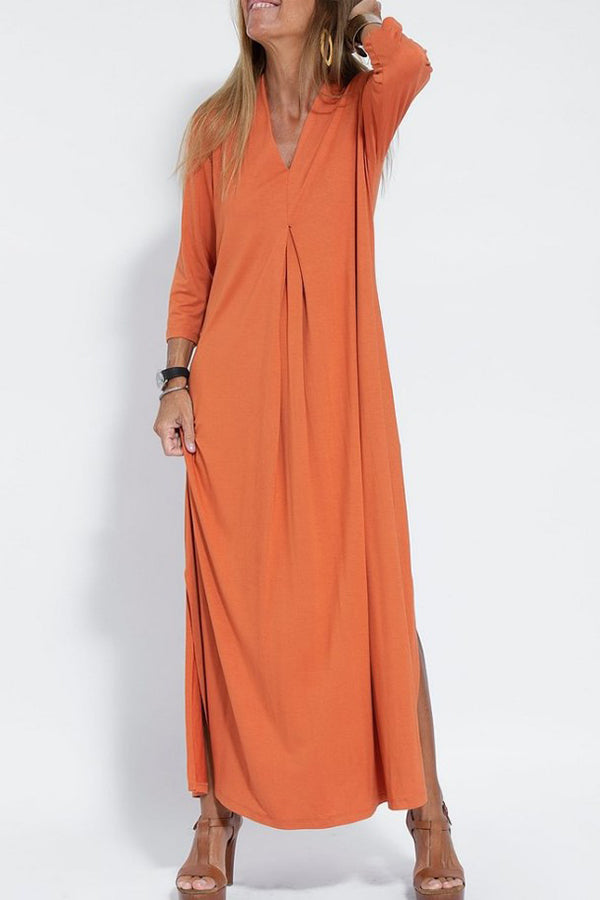 Solid Color V-neck Casual Slit Maxi Dress