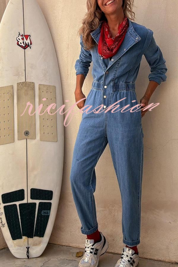 Carey Denim Button Up Long Sleeve Elastic Waist Pocketed Loose Jumpsuit