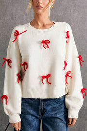 Christmas Bow Round Neck Loose Long Sleeve Knitted Sweater