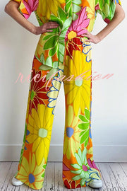 Colorful Flowersl Print Short-sleeved Loose Shirt and Elastic Waist Pocket Pants Set