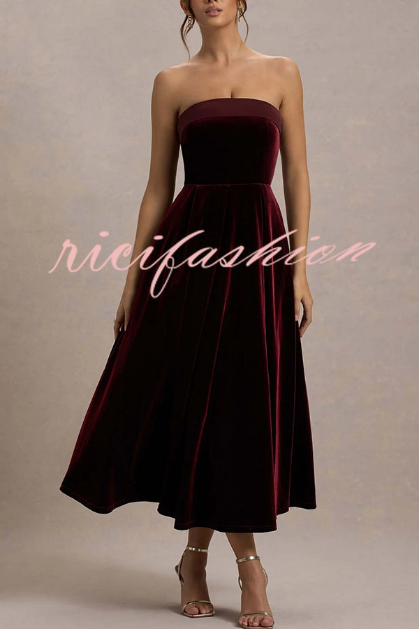 Center of Attention Velvet Satin Neck Bandeau Pleated Midi Dress