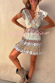 Surat Unique Color Block Print Ruffle Sleeve Elastic Waist Backless Mini Dress