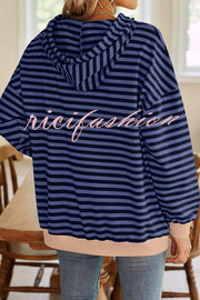 Striped Print Long Sleeve Pocket Loose Hoodie