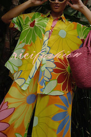 Colorful Flowersl Print Short-sleeved Loose Shirt and Elastic Waist Pocket Pants Set